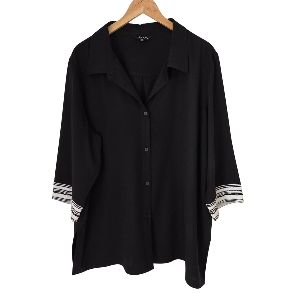 Misook Women 1X Black Button Front Blouse Contrast Knit Cuff 3/4 Sleeve Crepe